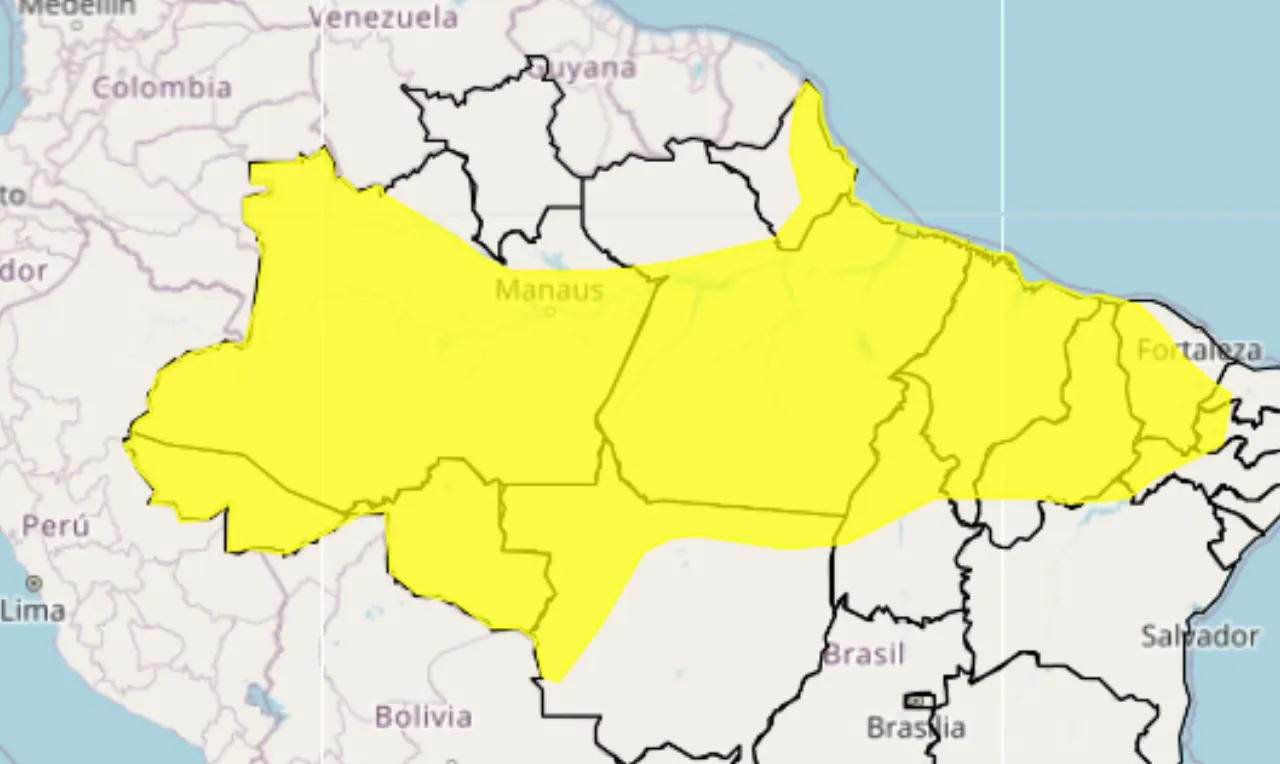 o mapa mostra as &aacute;reas em alerta para chuva intensa e ventos